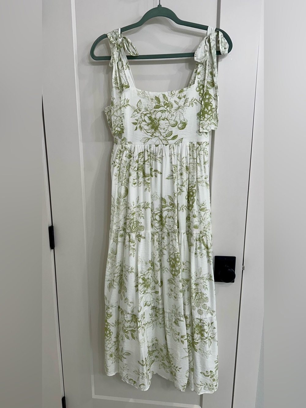 Blu Pepper White Maxi Dress with Olive Green Floral Print